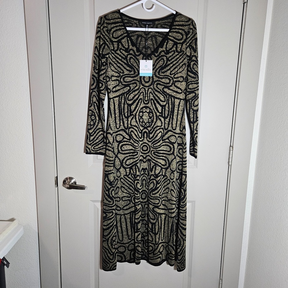 $295 NEW Ming Wang Midi Dress XS Gold Metallic Knit Spellout Stretch Black